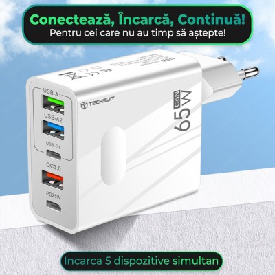 Incarcator priza GaN Fast Charge 65W + cablu tip C Techsuit, negru, CHC1 - 1 Incarcator priza GaN Fast Charge 65W + cablu tip C Techsuit, negru, CHC1 - 1