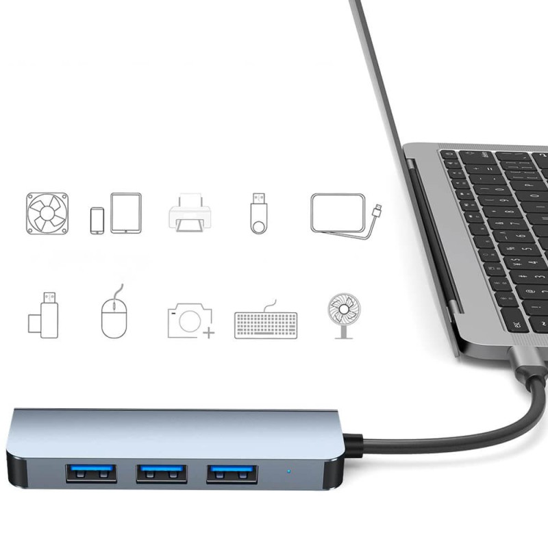 Hub Multiport, USB, Type-C la USB 3.0, 3x USB 2.0 - Techsuit DataBridge 4 in 1 (H8) - Gray - 4