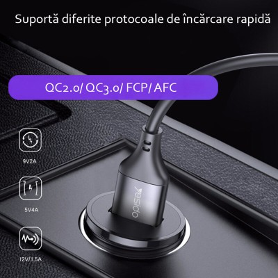 Incarcator auto Yesido Y38, USB QC2.0, QC3.0, FCP, AFC 18W, 3A, negru - 2 Incarcator auto Yesido Y38, USB QC2.0, QC3.0, FCP, AFC 18W, 3A, negru - 2