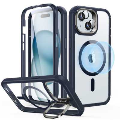 Husa pentru iPhone 15 + Folie - ESR Armor Tough Kickstand HaloLock - Clear Dark Blue - 1