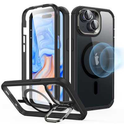 Husa pentru iPhone 15 + Folie - ESR Armor Tough Kickstand HaloLock - Clear Black - 1