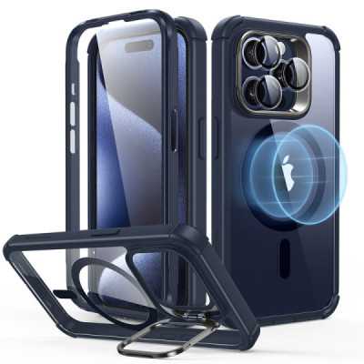 Husa pentru iPhone 15 Pro Max + Folie - ESR Armor Tough Kickstand HaloLock - Clear Dark Blue - 1