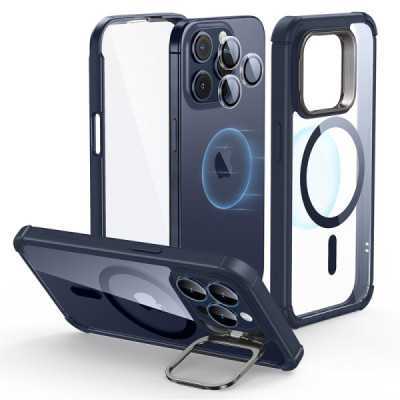 Husa pentru iPhone 15 Pro Max + Folie - ESR Armor Tough Kickstand HaloLock - Clear Dark Blue - 4