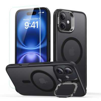 Husa pentru iPhone 16 + Folie - ESR Classic Hybrid HaloLock Kickstand - Frosted Black - 1