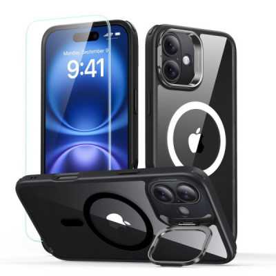 Husa pentru iPhone 16 + Folie - ESR Classic Hybrid HaloLock Kickstand - Clear Black - 1